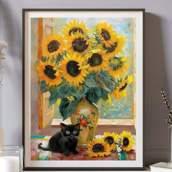 Claude Monet Sunflower Cat Print Claude Monet Cat Poster Sunflower Art Floral Print Black Cat Painting Vintage Poster Monet Art Print