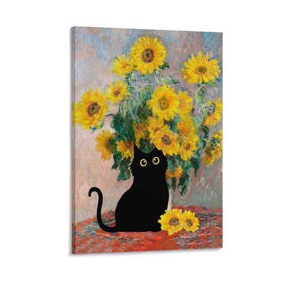 Claude Monet Sunflower Cat Wall Art, Funny Black Cat Art, Floral Canvas Print Posters Art Print Wall Photo Paint Poster Hanging Picture Family Bedroom Decor Gift 20x30inch(50x75cm)