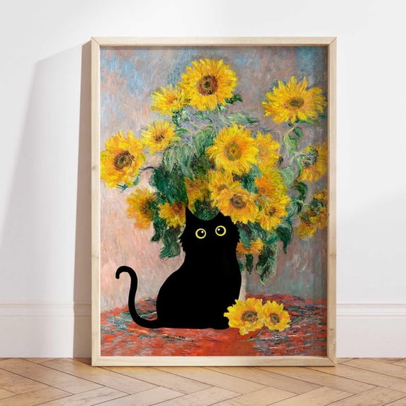Claude Monet Sunflowers Cat Print, Monet Cat Poster, Black Cat Art ...