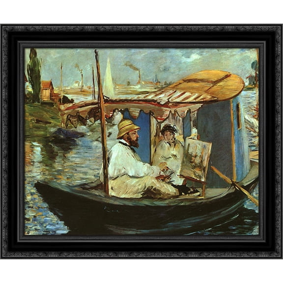 Claude Monet working on his boat in Argenteuil 23x20 Black Ornate Wood Framed Canvas Art by Manet, Eduard