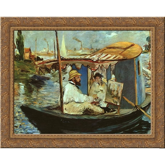 Claude Monet working on his boat in Argenteuil 23x20 Gold Ornate Wood Framed Canvas Art by Manet, Eduard