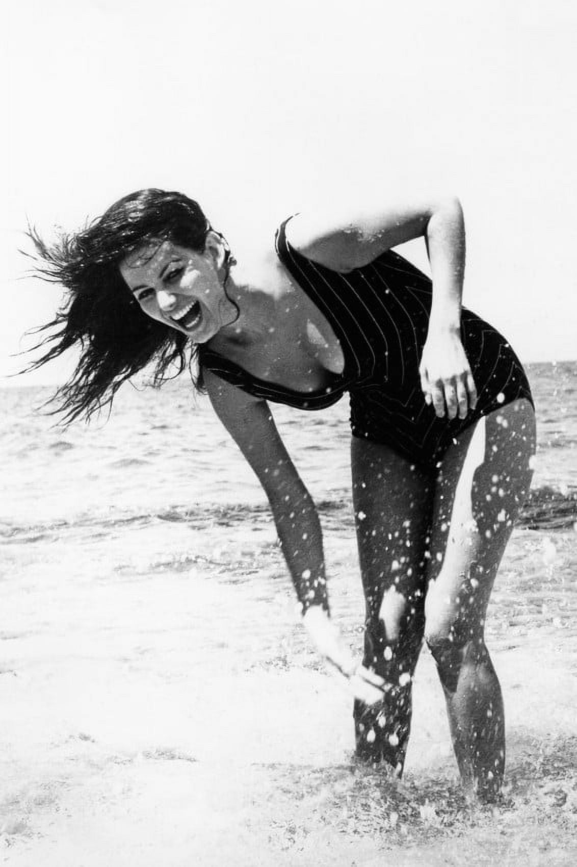 Claudia Cardinale Sexy Smiling Pose In Low Cut Swimsuit Playing In Surf 1960s 24x36 Poster 