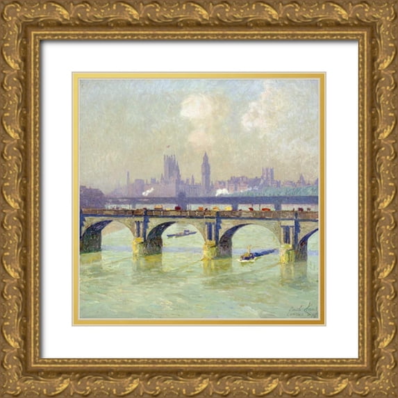 Claus, Emile 12x12 Gold Ornate Wood Framed with Double Matting Museum Art Print Titled - Waterloo Bridge and Hungerford Bridge With The Houses of Parliament Beyond