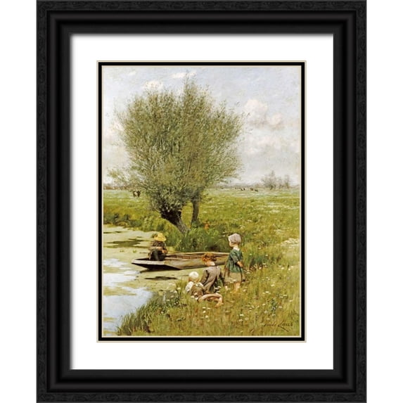 Claus, Emile 19x24 Black Ornate Wood Framed with Double Matting Museum Art Print Titled - By The Riverside