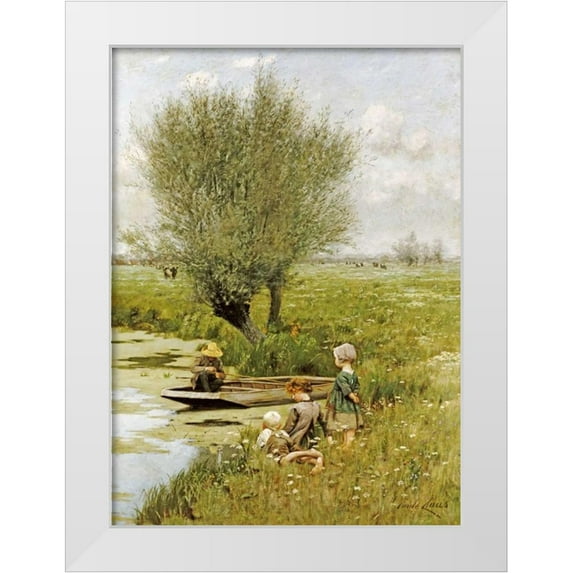 Claus, Emile 24x32 White Modern Wood Framed Museum Art Print Titled - By The Riverside