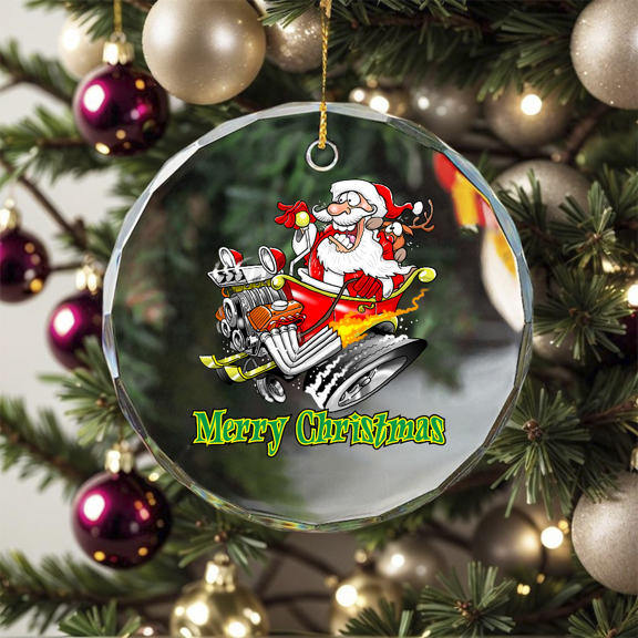 Claus Hot Rod Merry Ornament, Hanging Decor #1677, Crystal Glass Ornament