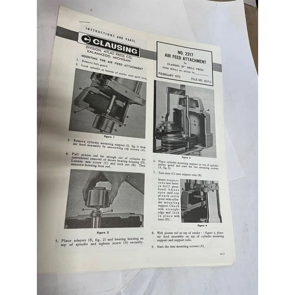Clausing 2217 Air Feed Attachment For 20" Drill Press Instruction & Parts Manual