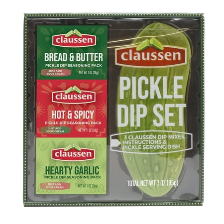 Claussen Dry Dip Seasoning Mix Holiday Gift Set with 3 Flavors and Pickle Dish, 3oz