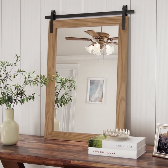PAIHOME 18"x26" Brown Bathroom Mirror for Wall, Barn Door Solid Wood Frame Vanity Mirror - Farmhouse Decor