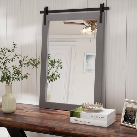 PAIHOME 18"x26" Gray Bathroom Mirror for Wall, Barn Door Solid Wood Frame Vanity Mirror - Farmhouse Decor