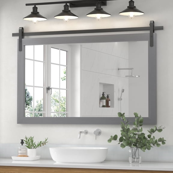 PAIHOME 40"x26" Gray Bathroom Mirror for Wall, Barn Door Solid Wood Frame Vanity Mirror - Farmhouse Decor