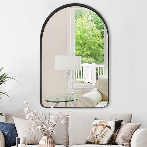Clavie Arched Mirror with Metal Frame, 20" x 30" Vanity Mirror for Bathroom Bedroom, Decorative Wall Mirror for Entryway Livingroom, Black