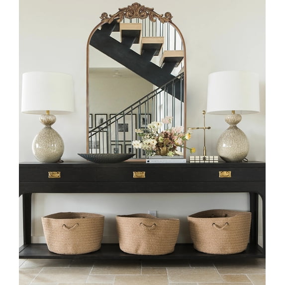 Clavies Arendahl Traditional Arch Mirror, Antique Gold Mirror, Carved Elegant Arch Bathroom Mirror, Farmhouse Gold 19"×30"
