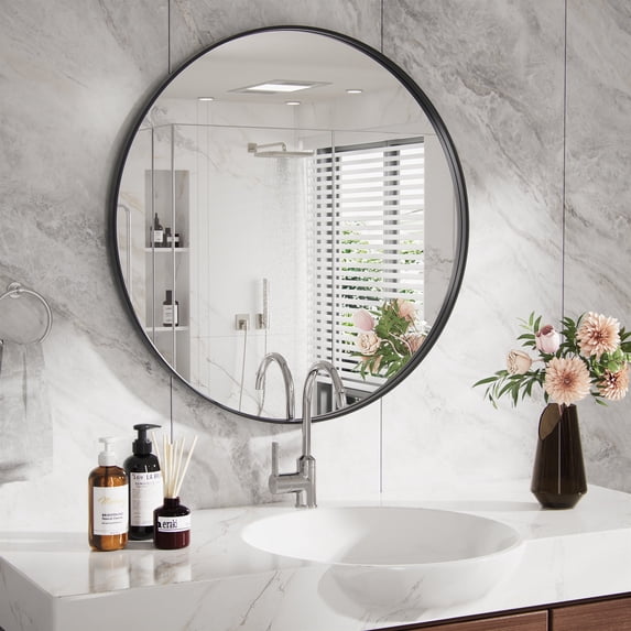 PAIHOME Black 30 Inch Round Bathroom Mirror, Metal Frame Circle Vanity Mirror for Bedroom, Living Room