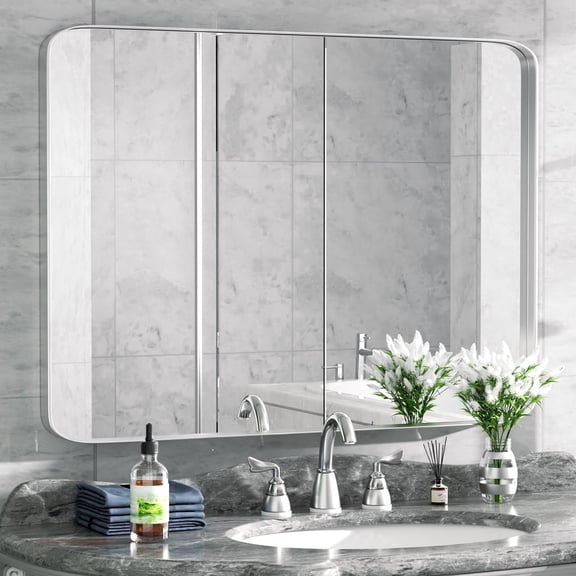 PAIHOME Silver Metal Framed Bathroom Mirror for Wall, 30" x 40" Vanity Mirror for Modern Decorative