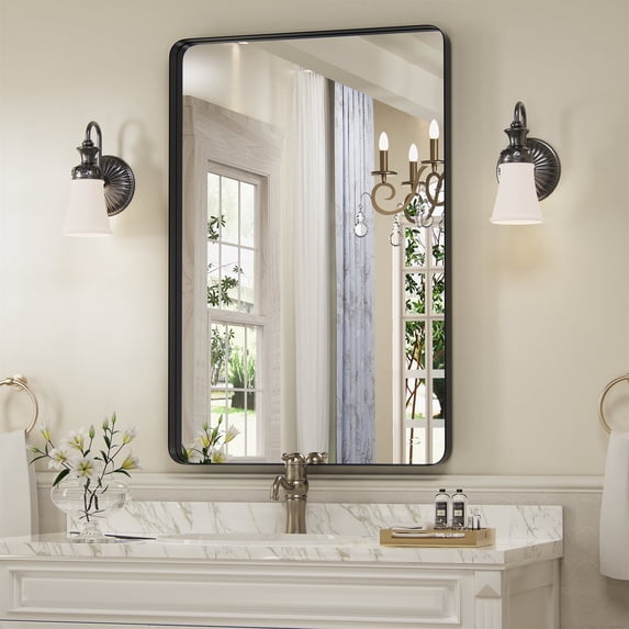 PAIHOME Black Metal Framed Bathroom Mirror for Wall, 20" x 28" Vanity Mirror for Modern Decorative