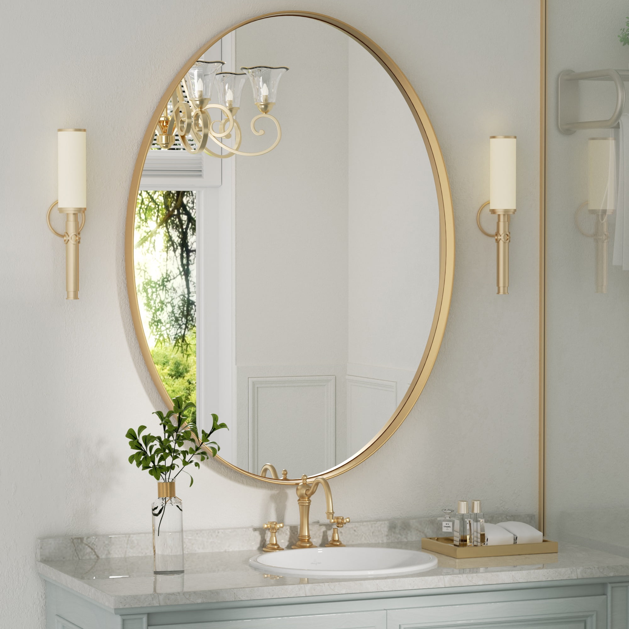 Clavies Bathroom Mirror, 22 x 30 Vanity Wall Mirror, Golden Oval Mirror  with Metal Frame
