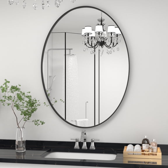 PAIHOME 22" x 30" Black Iron Frame Oval Mirror for Bathroom Wall, Anti-Rust, Horizontal & Vertical