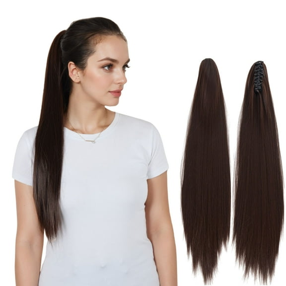 Claw Clip Long Straight Ponytail Extension Natural-Looking Hairpiece 24 Inch - Ombre Reddish Brown