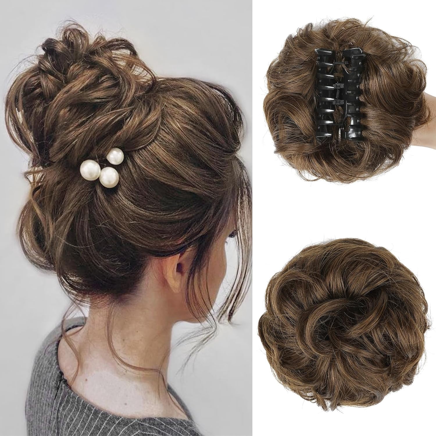 Thick Clip-in Messy Bun Hair Piece Extension - Synthetic, 25cm, Multiple Brown Shades