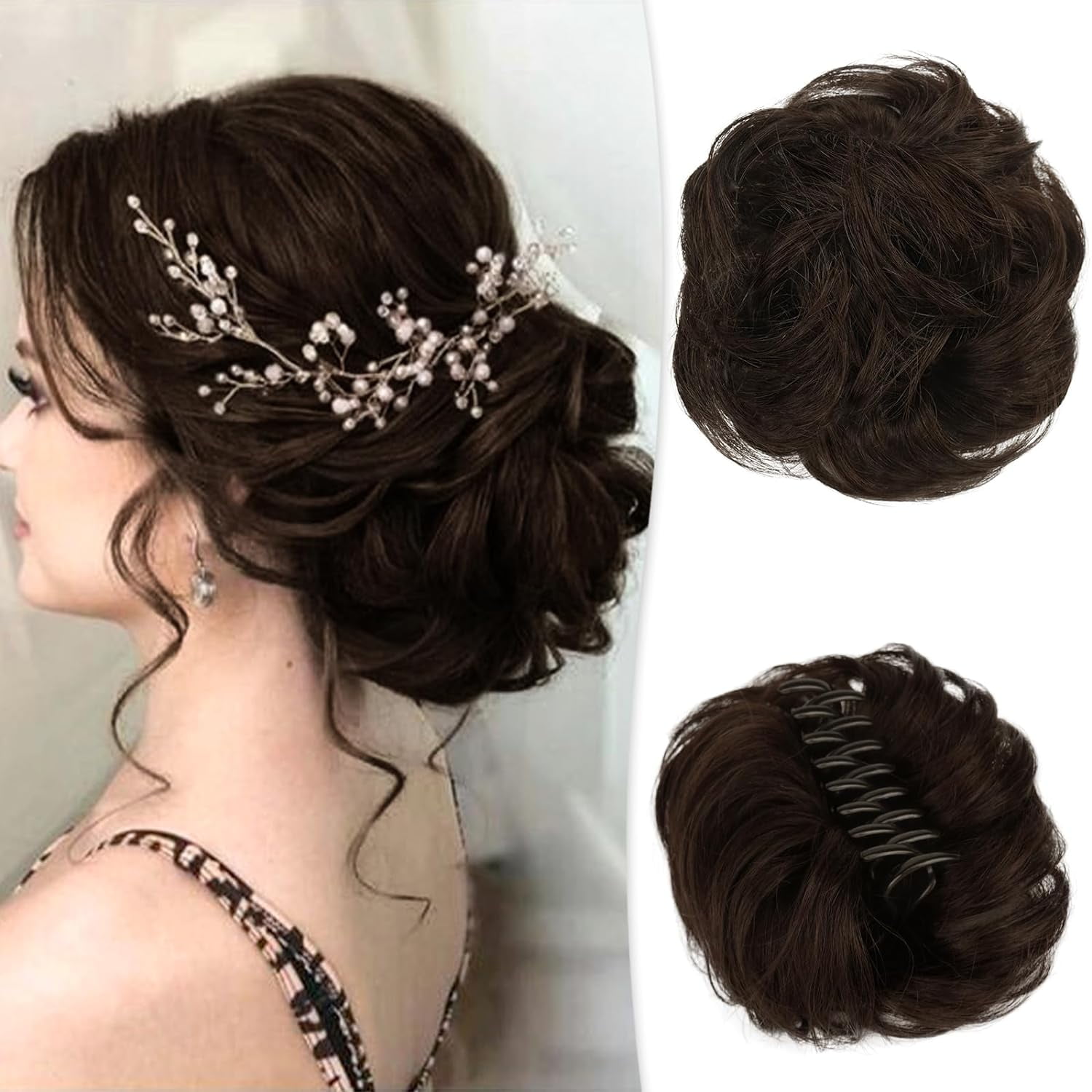Claw Clip Messy Bun Hair Piece Real Human Hair Buns Wavy Curly Updo Hair Buns Claw Clip Ponytail Hairpieces Hair Scrunchie with Clip for Women
