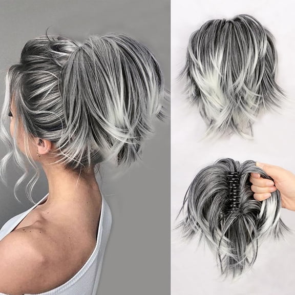 Claw Clip Short Ponytail Hair Extensions DIY Bendable Metal Wires Messy Bun Hair Piece for Women, Synthetic Salt and Pepper Straight Fake Hairpieces