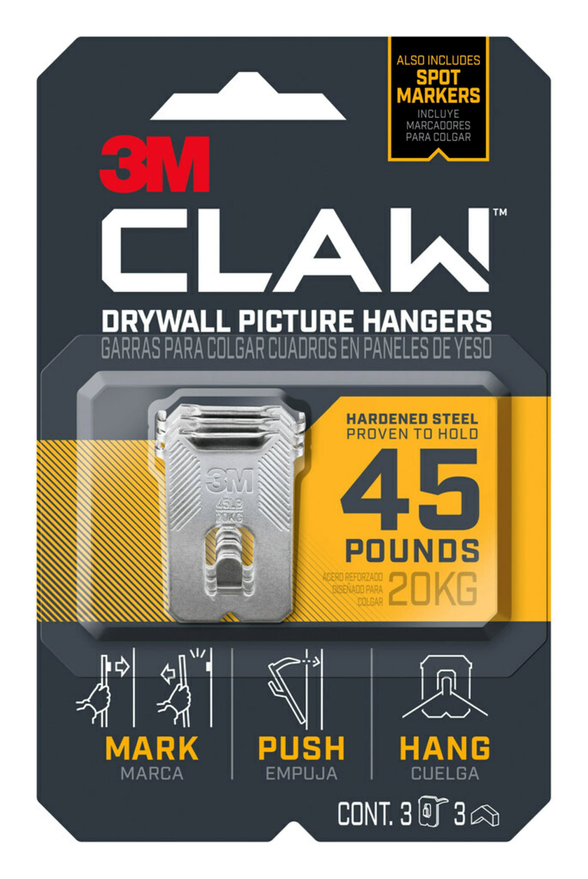 "Claw Drywall Picture Hanger, Holds 45 Lbs, 3 Hooks And 3 Spot Markers, Stainless Steel | Bundle of 5 Packs"