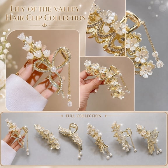 Claw, Lily of The Valley Claw, Dangling Pearl Claw, Bridal Claw, Gold Tone 4.5X2X1 in Secure Non-Slip Decorative Clip with Crystal Inlaid Flowers and Hanging Lily of The Valley