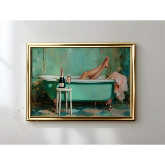 Clawfoot Tub Champagne Bath Print, Glam Woman Bathroom Art Home Decor #2235, Unframed Canvas Size 12x18