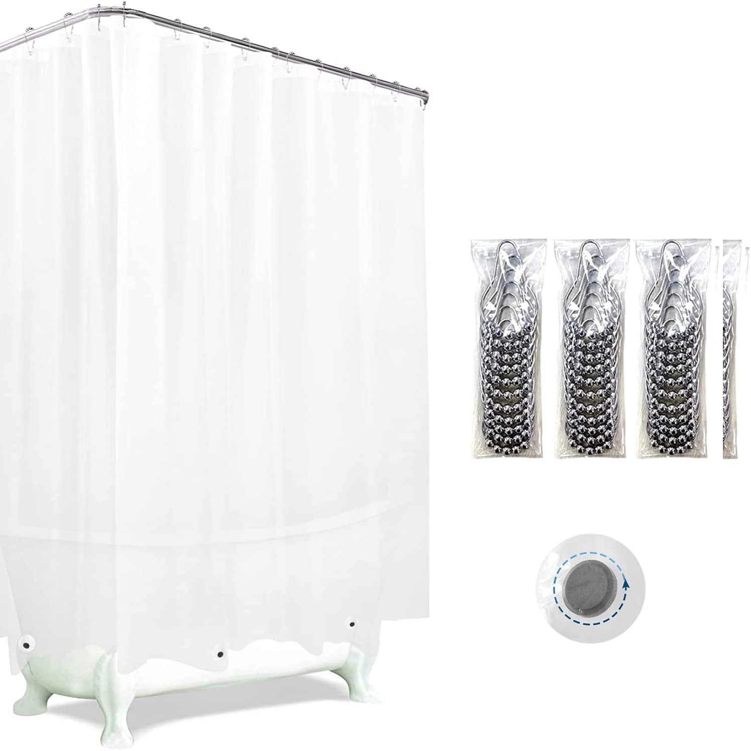 Clawfoot Tub Shower Curtain Warp Around, 180x70 Inches Clear Shower Curtain Plastic Liner Round for Bathroom Extra Wide with 36 Metal Hooks PEVA Waterproof, White Translucent