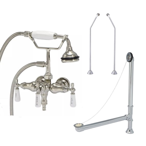 Clawfoot Tub Wall Mount Downspout Faucet with Handshower - Tub Drain and Supply Lines Complete Set