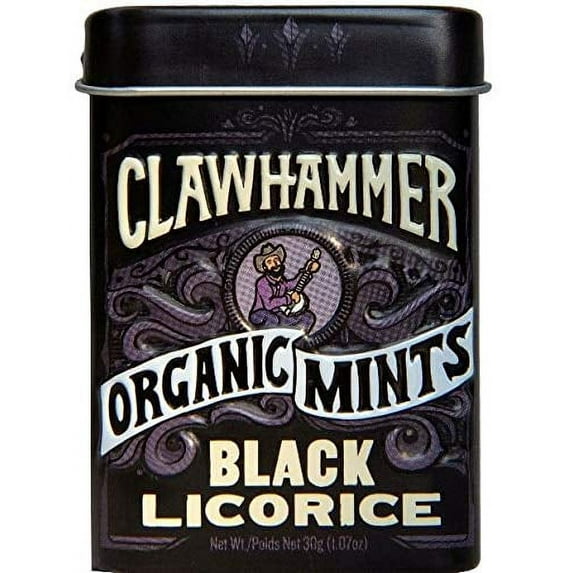 Clawhammer Organic Mints | USDA Certified Organic, Gluten Free, Non-GMO, Kosher | Black Licorice, 30 Count Tin (Pack of 12)