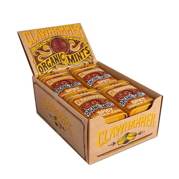 Clawhammer Organic Mints | USDA Certified Organic, Gluten Free, Non-GMO, Kosher | Spicy Ginger Root, 30 Count Tin (Pack of 12)