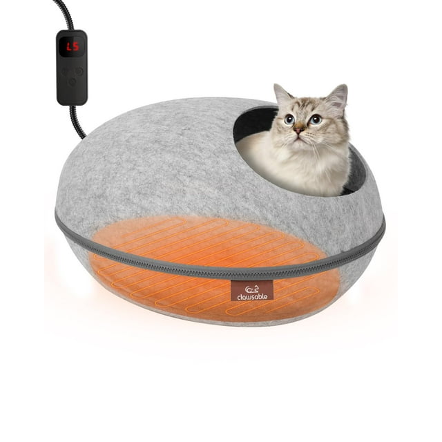 Clawsable Heated Cat Bed for Large Cats, 19" Detachable Cave Heated Pet