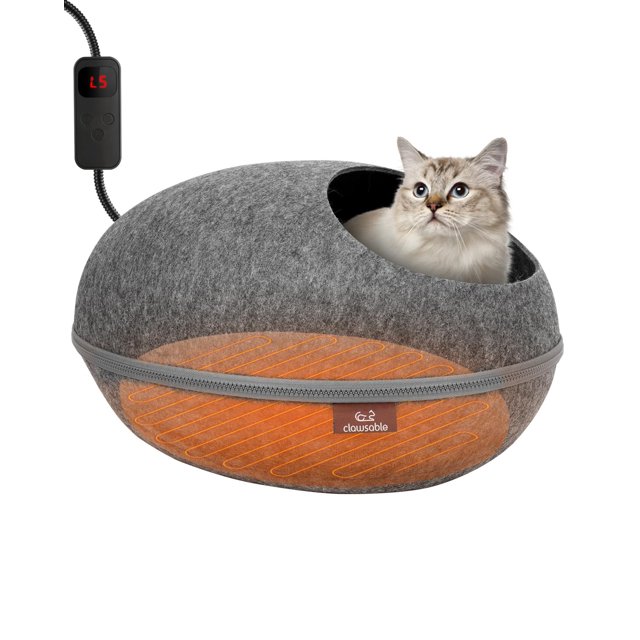 Clawsable Heated Cat Bed for Large Cats, 19" Detachable Cave Heated Pet