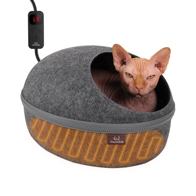 Clawsable Heated Cat Bed for Small Medium Cats, Removable Cave Heated
