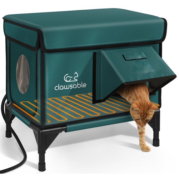 Clawsable Winter Elevated Outdoor Heated Cat House – Waterproof ,Insulated Raised Base Design for Cold & Wet Protection, Dual Safety Doors, Openable Roof, Includes Heating Pad,Dark Green(S)