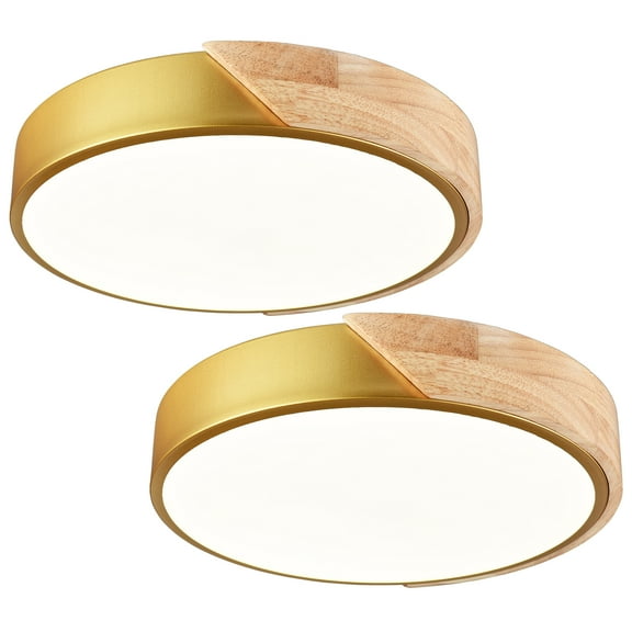 Claxy 12" Gold and Wood LED Flush Mount Ceiling Light 2 Pack