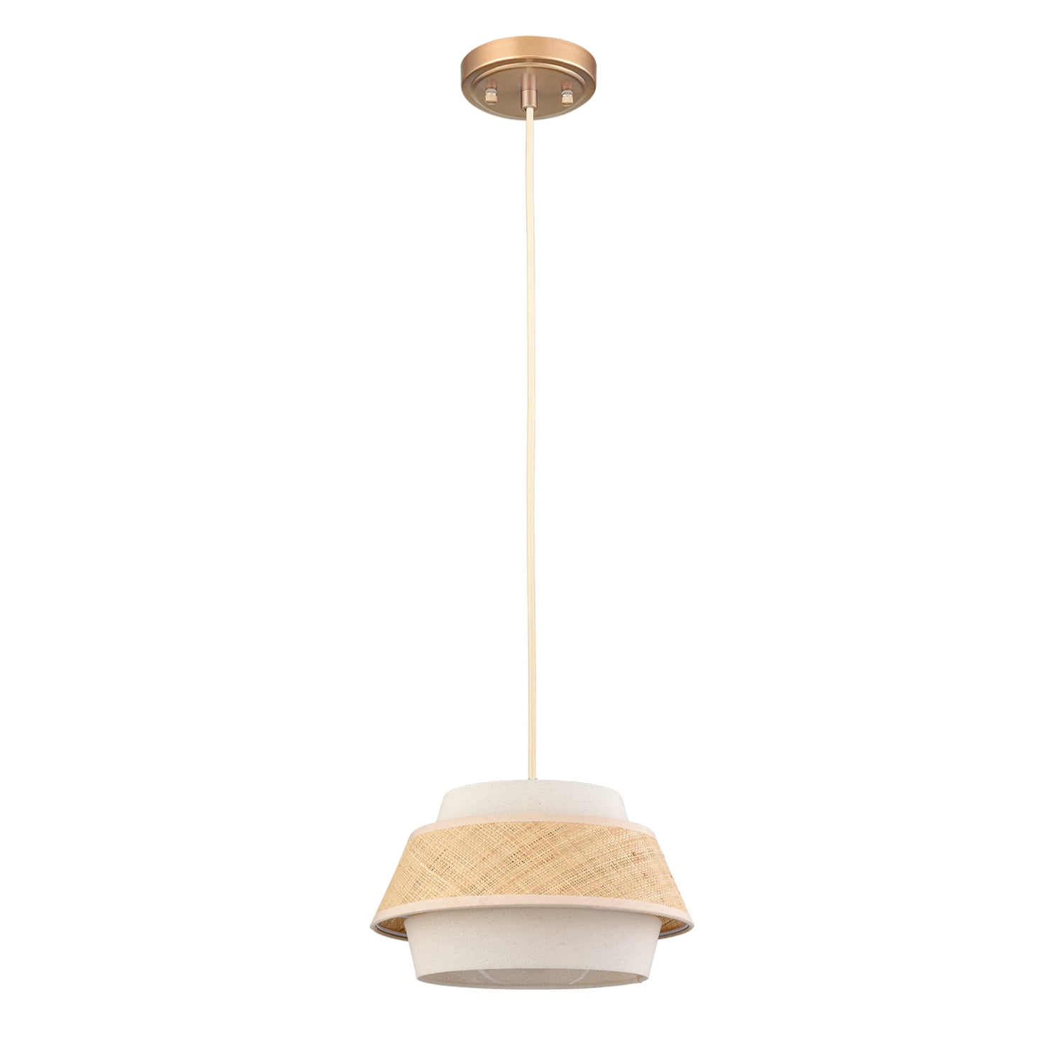 Brushed Brass and White Rattan Drum Pendant Light