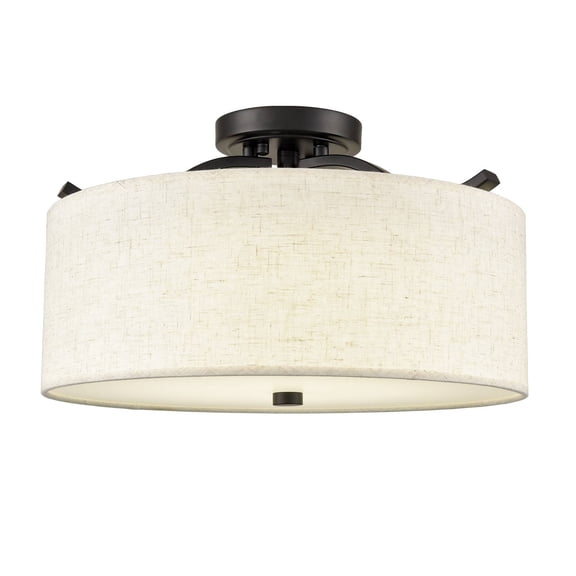 Claxy 16" Black Drum Semi Flush Mount LED Ceiling Light with Beige Fabric Shade