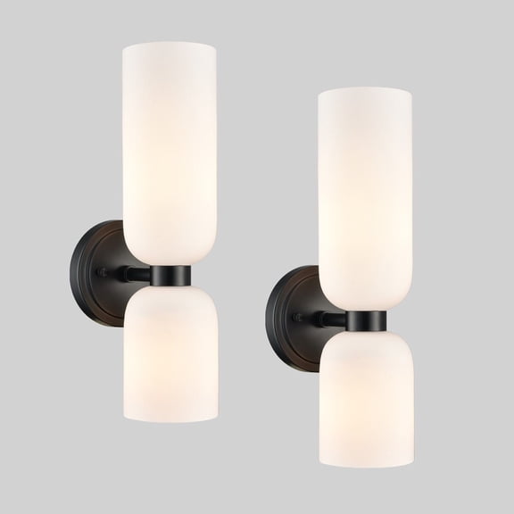 Claxy 2-Light Black Wall Sconces with Cylinder Milk Glass Shade Set of 2