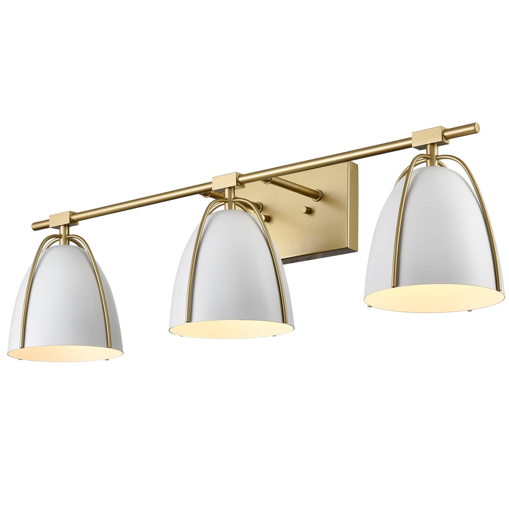 Brushed Brass 29" Vanity Light with White Metal Dome Shades