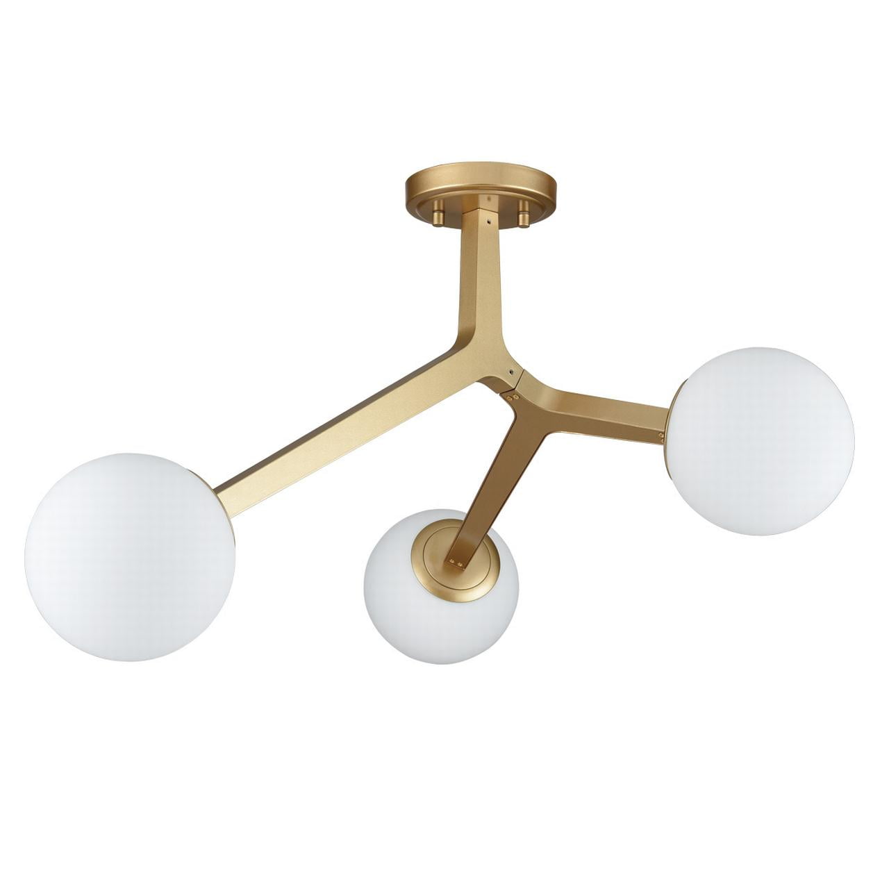 Gold Metal 3-Light Semi Flush Mount with Frosted Glass Globes