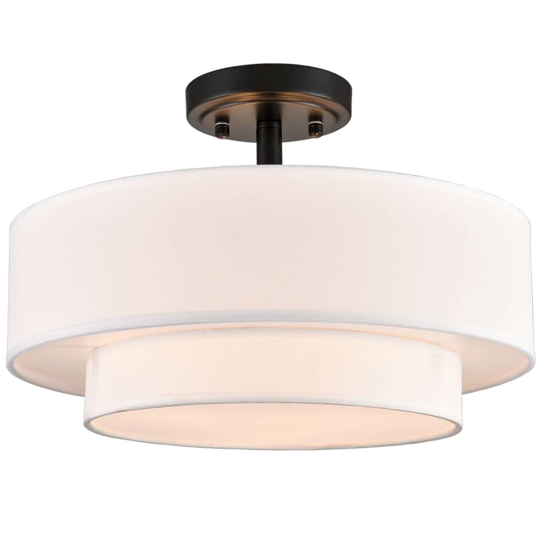 Polished Black Dual-Layer Drum Fabric Shade Semi Flush Mount Light