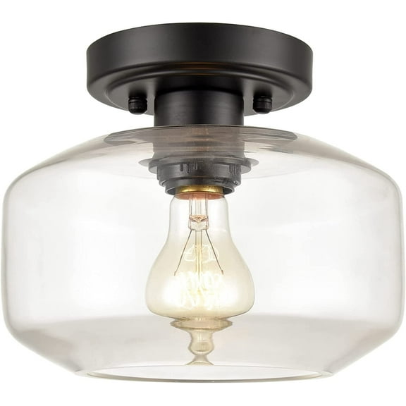 Claxy Black Semi Flush Mount Light with Drum Clear Glass Shade