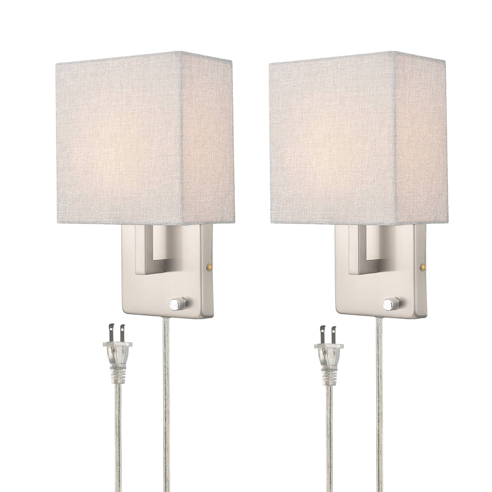 Set of 2 Brushed Nickel Dimmable Sconces with Gray Linen Shades