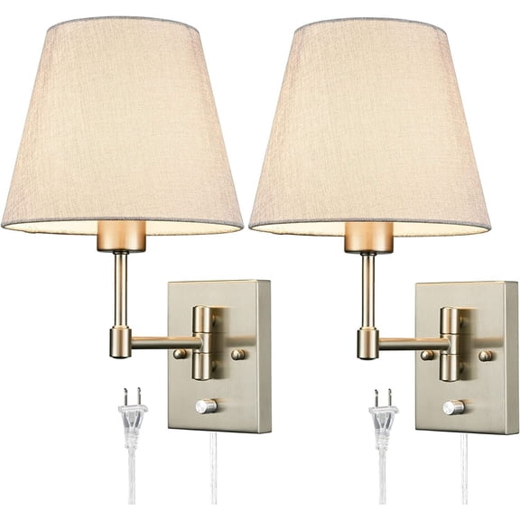 Claxy Brushed Nickel Swing Arm Wall Sconces with Plug in Cord 2 Pack