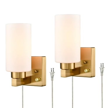 Claxy Gold Plug in Wall Sconces with Tube Milk Glass Shade 2-Pack