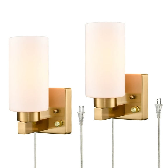 Claxy Gold Plug in Wall Sconces with Tube Milk Glass Shade 2-Pack
