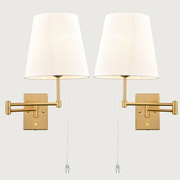 Claxy Gold Swing Arm Plug in Wall Sconce with Beige Fabric Shade Set of 2